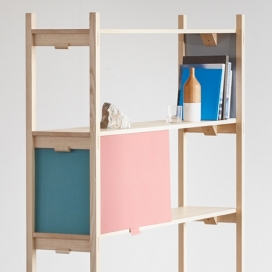 木质卧室家具-瑞士设计师弗洛里安・豪斯维特作品-胶订机部件组成的储物单元架