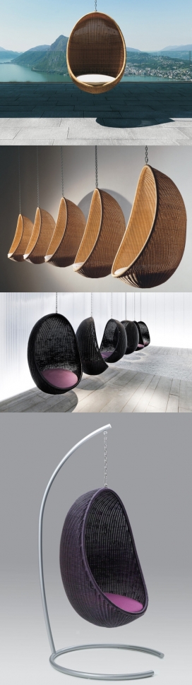 蛋形吊床-类似鸡蛋吊椅，采用柳条为编制材料。丹麦家具设计师Nanna Ditzel作品