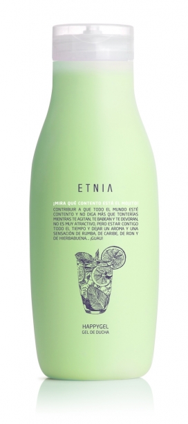 ETNIA HAPPY沐浴露包装设计-每一瓶的都有自己的特点，一个可爱的插图表示瓶乳液或淋浴凝胶。