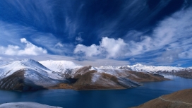 蓝天白云下的高山湖泊倒影美景