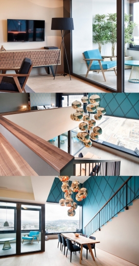 苏黎世西部的一个阁楼-120平方米（1291平方英尺）的空间，设计师使用大量的纹理混合树林，蓝调，和黄铜做一个温暖，粘性，明亮的空间-