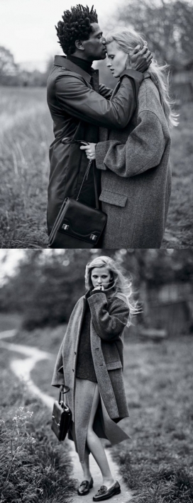 分享凄美感官的亲密时刻-劳拉・斯通和马克・米勒身穿四四方方宽松造型，强调魅力趋势-纽约时报T型杂志2014秋季时装黑白人像