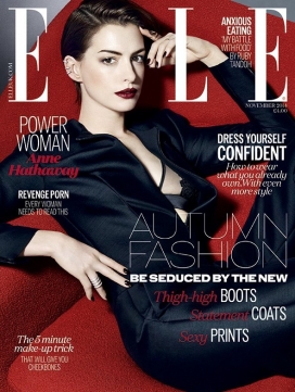 安妮・海瑟薇-ELLE杂志英国2014年11月封面-英国女演员身穿黑色阿玛尼西装展现她迷人的一面