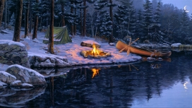 冬季河边篝火油画壁纸