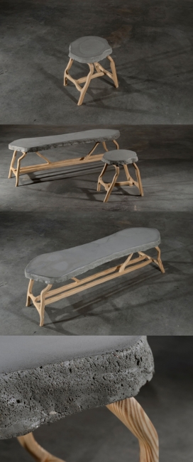 比利时Robin Berrewaerts设计师作品-采用黄色松树木材和混凝土组成的凳子家具