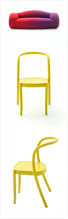 一些非常酷的新的家具-灵感来自于一个字，有一个红紫色渐变的沙发与黄色椅子凳子，体现简单干净的风格