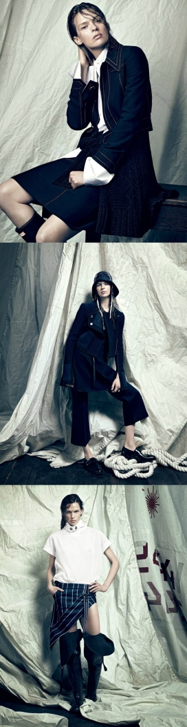 伊莉丝・克伦贝丝-“永恒之海“-VOGUE时尚日本2015年5月-时尚的深蓝色帆布背景风格