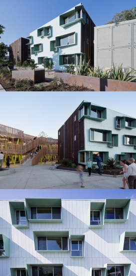 加利福尼亚州圣莫尼卡廉租房社区-都设有自己的门面和薄荷绿太阳能天窗，四个三层楼的家。