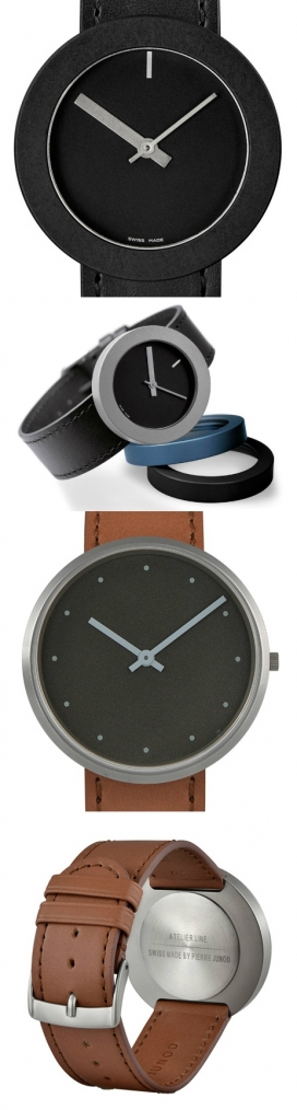 皮埃尔・朱诺手表-有黑色，海军蓝和灰色三种颜色，镀铬的”光晕“和黑色皮表带是最大的亮点特色。