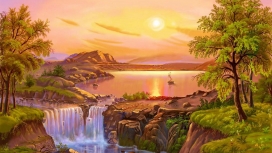 高清晰童话的日落瀑布帆船美景壁纸