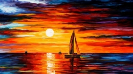 高清晰日落下的海上帆船油画壁纸