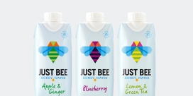 含蜂蜜的天然泉水新品牌标识包装，有三种不同风味（蓝莓，柠檬和绿茶），给人明亮干净的色彩