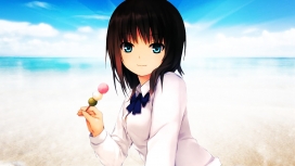 海滩吃棒棒糖的漫画女孩