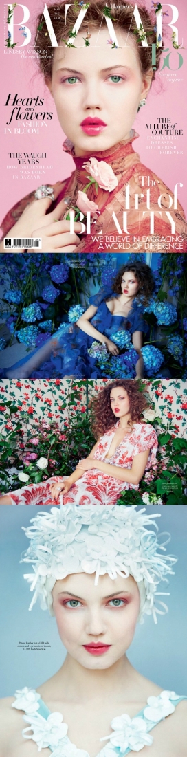 琳赛・威克森的梦幻连衣裙-Harper Bazaar英国-花卉壁纸和丰富多彩的绽放环绕，让每场镜头都让人眩晕，高领蕾丝和丝绸连衣裙上展示了她秀美时尚