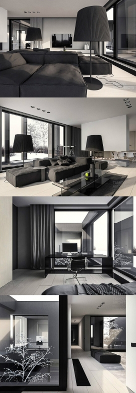 一个阴凉灰色的家庭住宅室内设计-每个房间都是黑灰色，都有一个有趣、微妙的对比