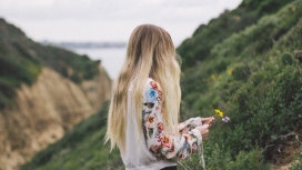 高清晰海边野外摘花的金发美女背影壁纸