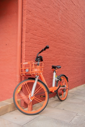 红墙边的摩拜共享自行车