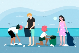 海边捡垃圾的卡通人素材下载