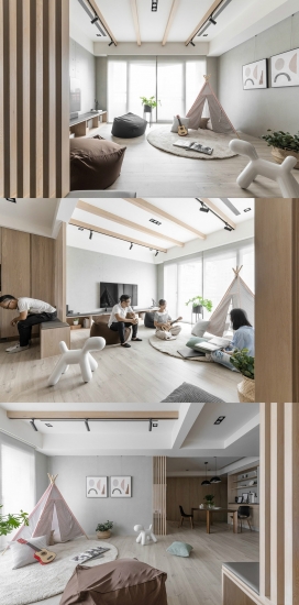 通过柔软的灰色，白色和天然木材装饰营造舒适感的室内设计