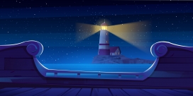 卡通蓝色海域上的发光灯塔