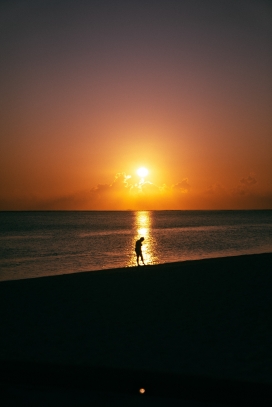 日落下沙滩散步的人