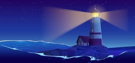 卡通大海上的灯塔灯光夜景素材