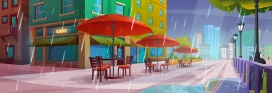 卡通夏季下雨中的户外咖啡馆