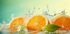 掉入水中溅起水花的切片脐橙水果