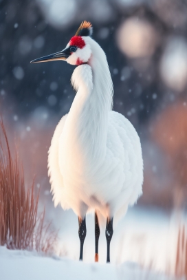 冬季雪地中的白鹤鸟