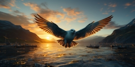 湖面飞翔的海鸥鸟
