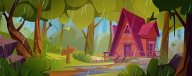卡通雨中的三角木屋